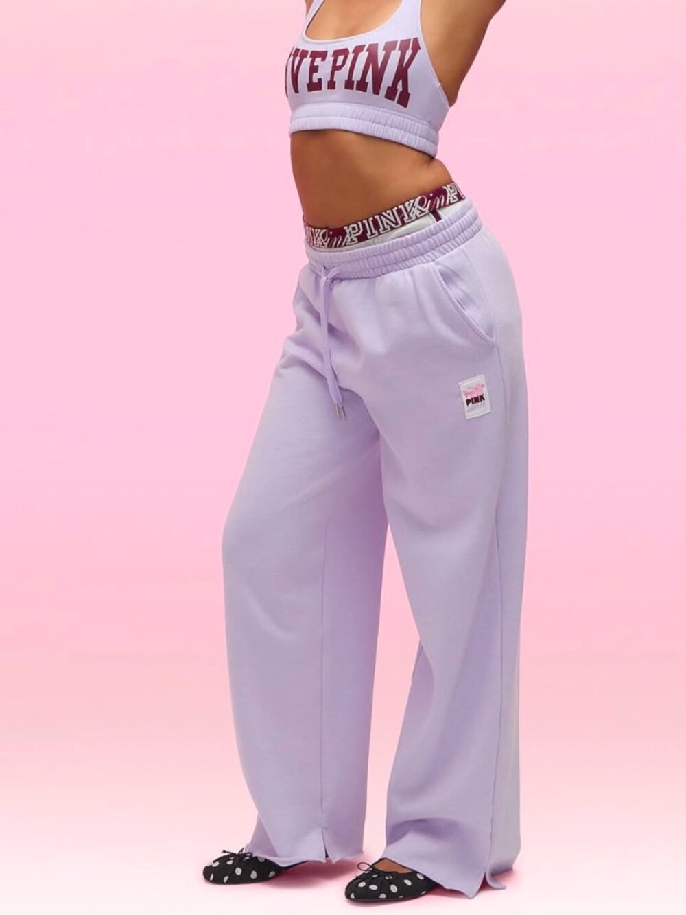 VS PINK CAMPUS FLEECE WIDE-LEG SPLIT-HEM SWEATPANTS SWEET LAVENDER LOGO & SHORT